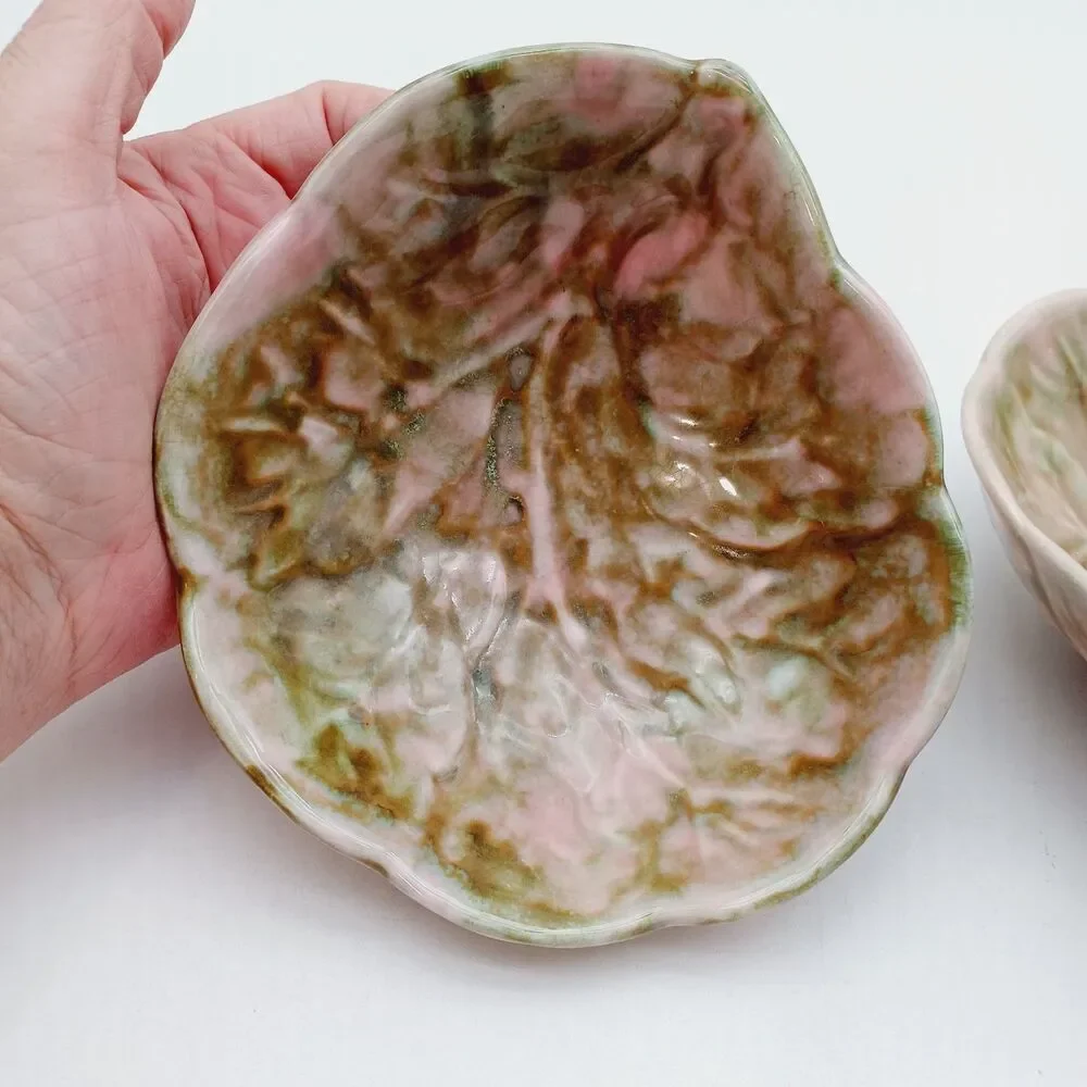 Matching Pair Antique Weller Pottery Zona Leaf Bowls Pink Green Glaze 1920s...